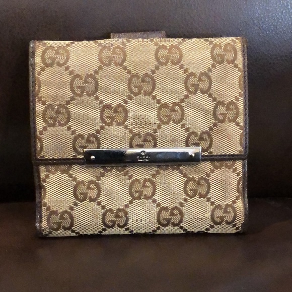 W GUCCI GG Trifold Canvas Jacquard Wallet Brown Leather Coin Purse Credit Cards - Picture 17 of 17